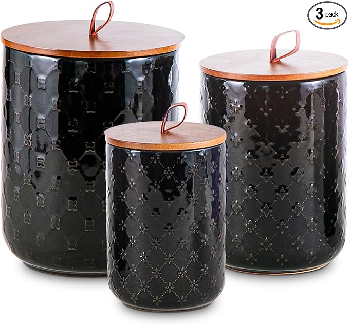 Ceramic Canisters Set with Airtight Lids, 82/48/30 oz Coffee Canisters Sets for the Kitchen, Black Large Jars for Flour, Sugar, Pasta, Coffee, Cookies, Tea - Set of 3, Embossed Pattern