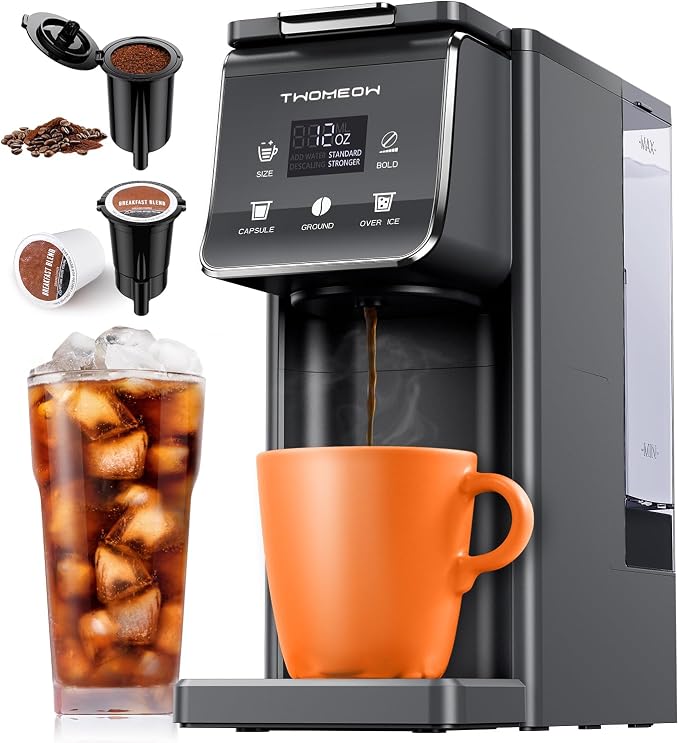 K Cup Coffee Maker, Single Serve Hot & Iced for K-Cup & Grounds | 52oz Removable Reservoir, Single Cup Coffee Maker with Bold Setting, 6-14oz Brew Sizes, Reusable Filter, Compact Design, Gray