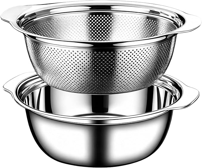 Stainless Steel Colander for Kitchen, 4 QT Rice Strainer, Pasta Strainer | Large Capacity | SUS304 Metal | 2.2mm Drainage Fine Mesh | Wash Vegetables, Fruit, Pasta | Equipped Mixing Bowl with Handles