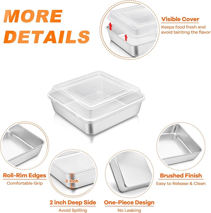 TeamFar 6 x 6 Baking Pan, Square Cake Pan with Lid - 1 Pan + 1 Lid | Stainless Steel for Baking Cooking Brownie Lasagna, Portable for Home Outdoor Camping, Non-Toxic & Dishwasher Safe