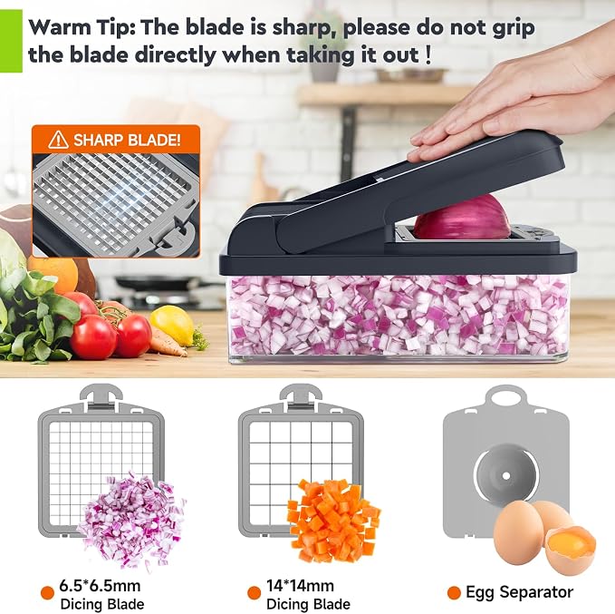 MealHelper 12-in-1 Vegetable Chopper, Food Veggie Chopper With Container | Kitchen Prep Tool, Cheese Grater, Home Essentials & Kitchen Gadgets, with Sharp Stainless Steel Blades(7 Blades, Gray)