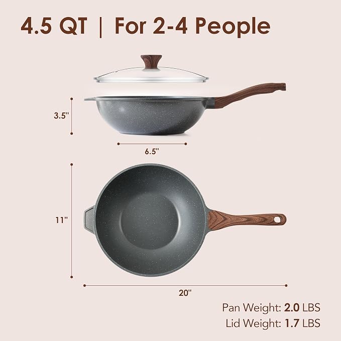 SENSARTE Nonstick Wok Pan with Lid 11Inch, Healthy Stir-fry Pan Chef's Pan | Induction Cookware, Swiss Granite Coating, Even & Fast Heating, Non stick Frying Pan Skillet, Stay-cool Handle, PFOA Free