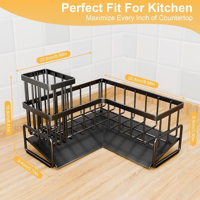 TEAMOLA Kitchen L-Shaped Sponge Holder - Large Metal Sponge Sink Caddy | Black Metal Corner Sponge Caddy, Sloped Drain Tray for Sink, Kitchen Countertop Organizer Holds Soap Brush Sponge Non-Slip