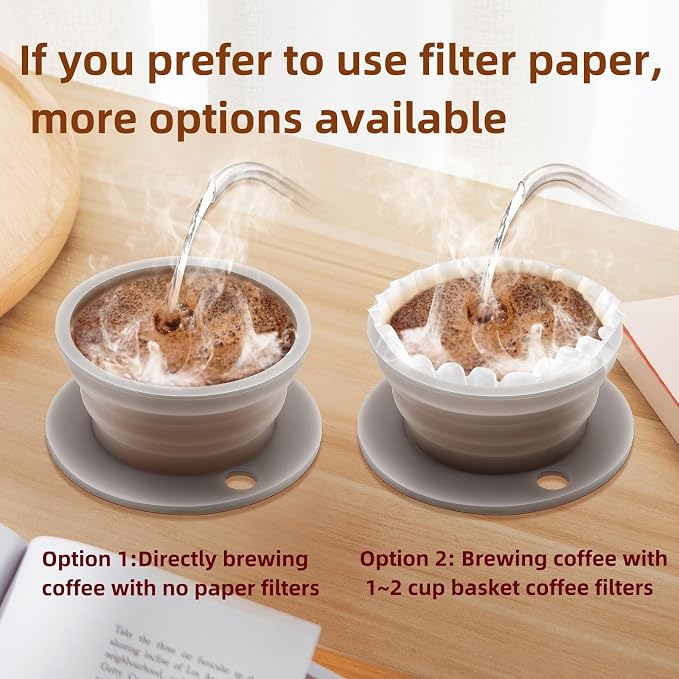 Set of 2 Paperless Collapsible Travel Pour Over Coffee Dripper Kit - Silicone Travel Pour Over Coffee Maker Camping - Collapsible Coffee Filter with Stainless Steel Filter (Brown+Grey)