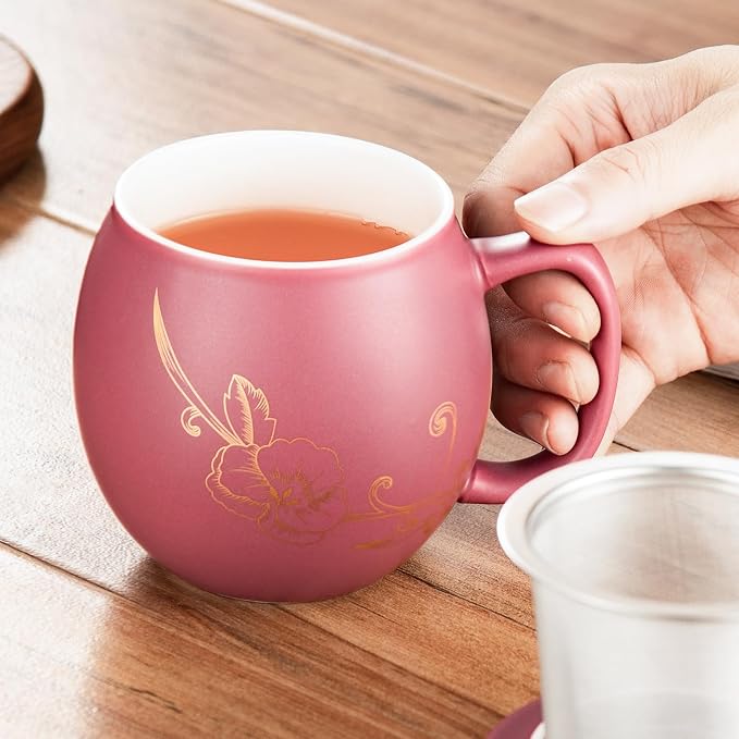 Yundu 12 OZ Ceramic Mug with Lid & Tea Strainer - Matte Purple Tea Cup with Golden Flower, Stainless Steel Infuser for Loose Leaf Tea