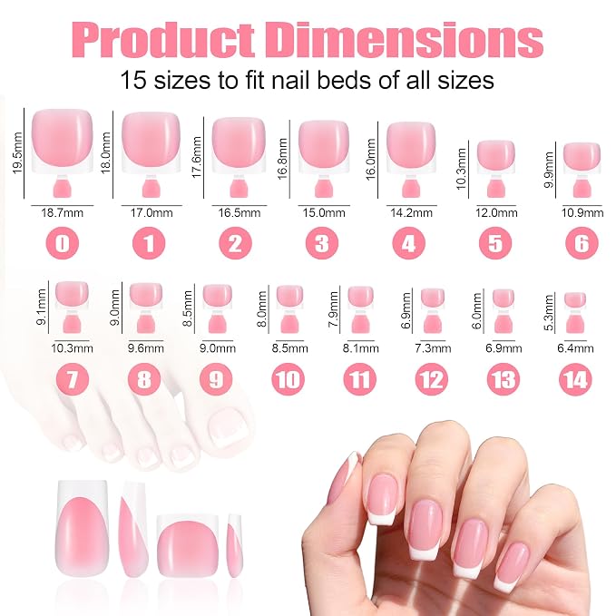 60 Pcs White French Tip Press on Nails, Acrylic Medium Fake Nails | Square, Press On Toe Nails for Women’s Manicure