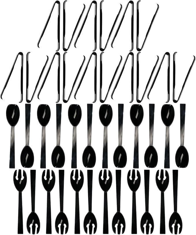Party Essentials Plastic Party Buffet Serving Utensils Kit, Spoons/Forks/Tongs, 40-Piece, Black