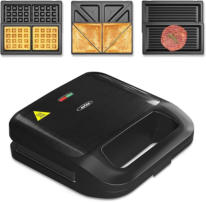 3 in 1 Electric Sandwich Maker with Removable Nonstick Plates - 750W,Black | for Belgian Waffle/Panini/Grill/Pancake Griddle/Breakfast,Dishwasher Safe,Cool Touch Handle,Easy to Clean & Store