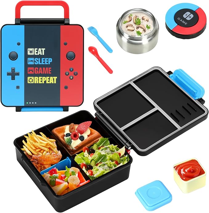 Bento Lunch Box for boys,60 OZ Insulated Bento Lunch Box with 8OZ Leakproof Leak Proof Thermos Food Jar, 3-4 Compartments Bento Box for School, BPA-Free Dishwasher Safe (Red Blue-Game)
