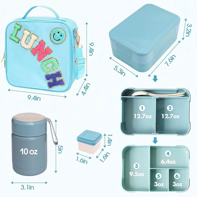 PainZieteg Lunch Box for Girl with 10oz Thermo 6 Compartment Bento Set Blue | Nylon Insulated Lunch Bag with Adjustable Strap, Ideal for Kids and Teens School, Travel and Picnic, Leakproof Thermal Pouch