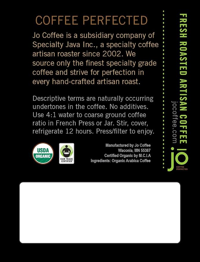 STONE COLD JO: 12 oz, Organic Cold Brew Blend, Dark Roast, Coarse Ground | Silky Smooth Low Acidity, USDA Fair Trade Kosher Certified, Great as French Press Hot Brew, by Jo Coffee®