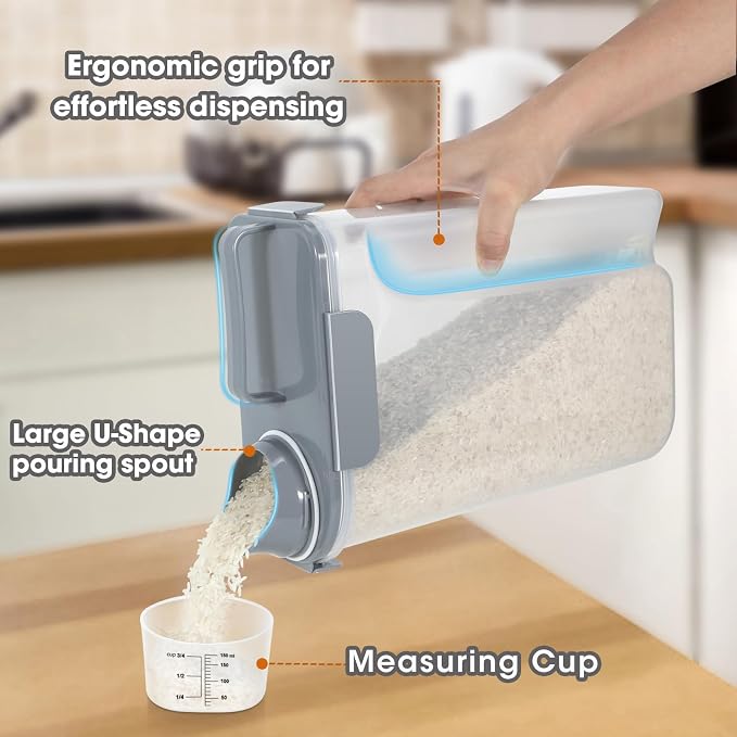 Airtight 10 Lbs Rice Storage Container Pet Dog Cat Food Holder 5 Lbs - Grey | Portable Bird Seed Dispenser Cat Food Containers with Large Pour Spout for Travel Cereal Oatmeal Holder with Measuring Cup