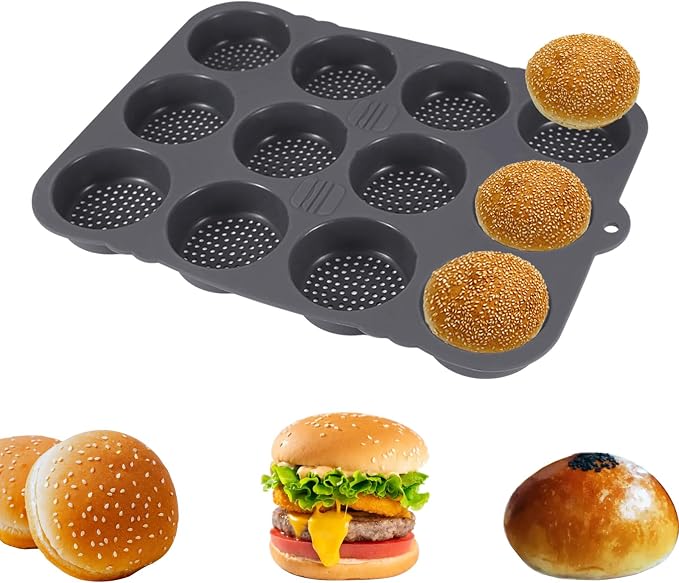 12-cavity Silicone Hamburger Bun Pan, Nonstick Loaf Pan & Heat Resistant Burger Bun Pans for Baking, Bread Pans for Homemade Bread, Bread pans for baking, Easy to Use Burger Pan