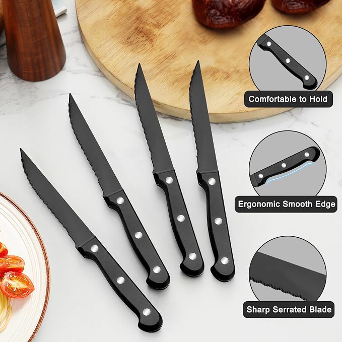 Pleafind 48-Pieces Black Silverware Sets for 8, Flatware Set with Steak Knives, Stainless Steel Cutlery Set, Include Forks Spoons and Knives Set, Dishwasher Safe Utensil Sets for Home Restaurant