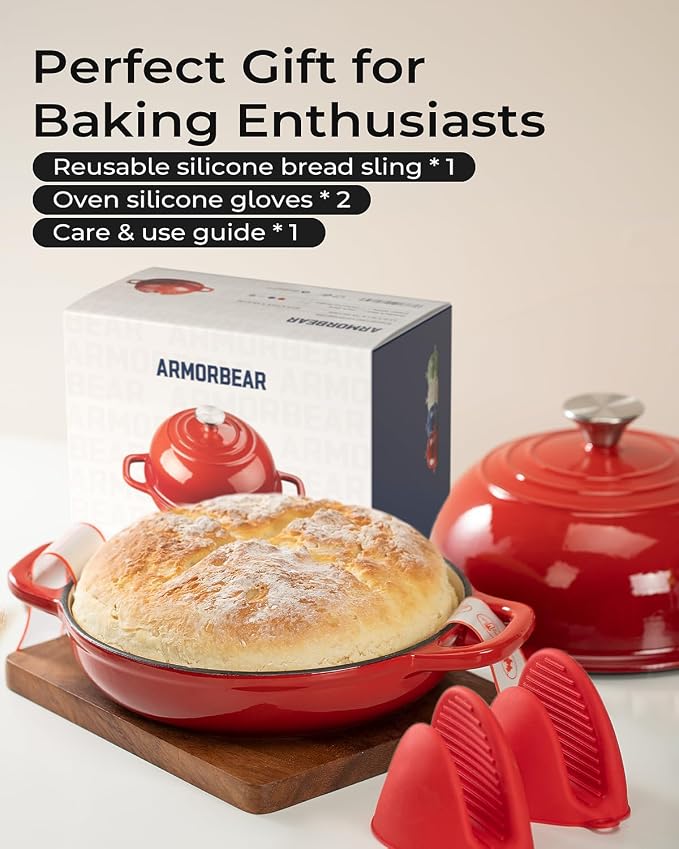 5QT Enameled Cast Iron Sourdough Bread Oven for Homemade, Red | Tight-fitting Dome Lid, Shallow Base Supports Easier Loading & Crisp Sourdough Crusts, Gifts for Sourdough Bakers