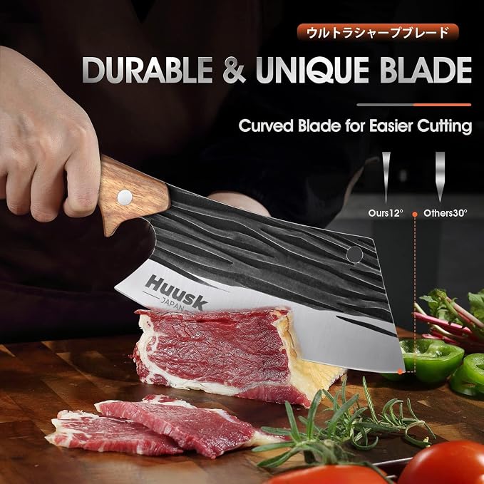 Huusk Heavy Duty Meat Cleaver with Sheath, Butcher Knife for Meat Cutting | Japanese High Carbon Steel Cleaver Knife with Ergonomic Full Tang Handle for Kitchen, Camping, BBQ, Cool Gifts for Men