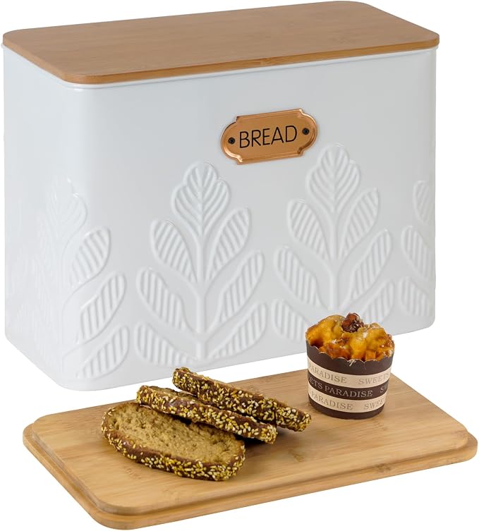 Extra Large Plant Pattern Embossed Bread Box with Bamboo Lid | Corner Breadbox for Homemade Bread, White Metal Bread Storage Container Bin for Kitchen Countertop, Fits 2 Loaves of Bread