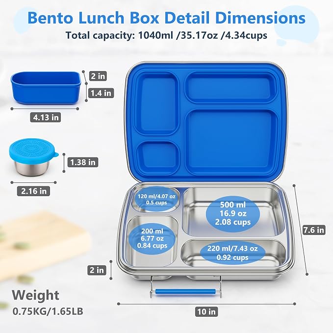 Stainless Steel Bento Lunch Box for Kids & Adults, 4 Compartment Kids Lunch Box, Metal Bento Box with Silicone Container and Stainless Steel Sauce Container,BPA-Free,School,Office(Blue)