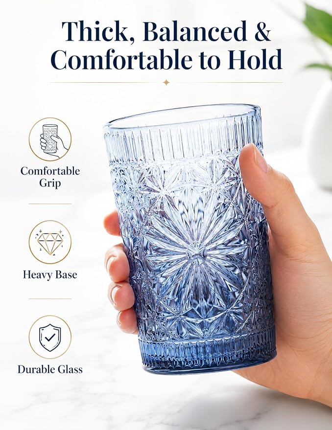 Colored Vintage Drinking Glasses Set of 6, 13 oz Gradient Embossed Highball Glasses, Textured Glass Cups Tumblers for Water, Iced Coffee, Juice & Cocktails, Dishwasher Safe(Dahlia style)