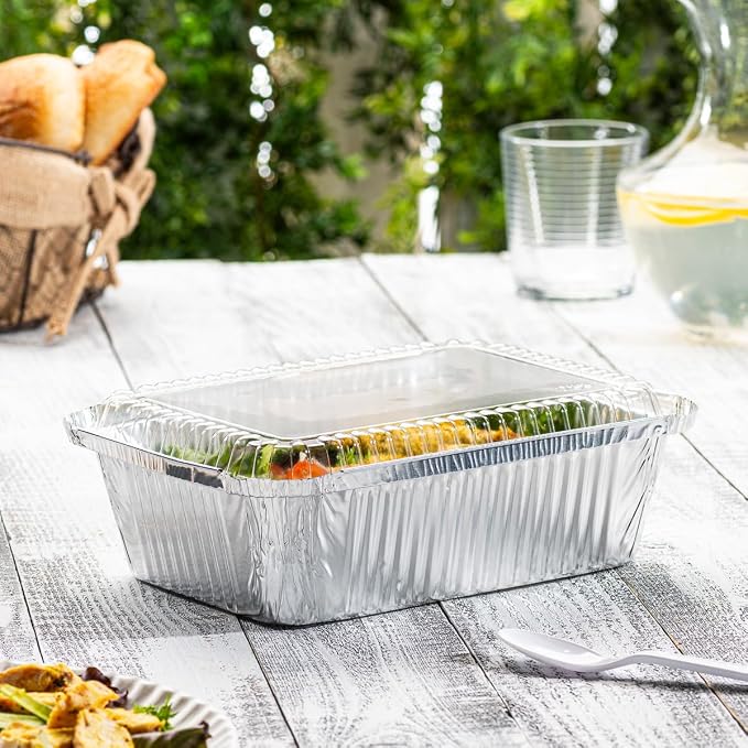 GUSTO 5 lb Disposable Aluminum Foil Takeout Pans with Clear Dome Lids, 6" x 9" Takeout Pans – [25 Count] Ideal for Baking, Cooking, Food Storage & Freezing (Formerly Comfy Package)