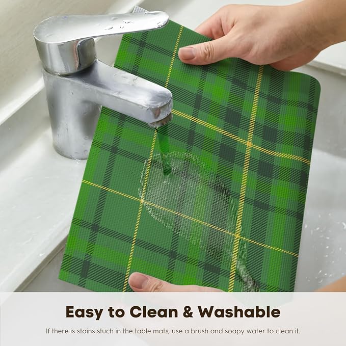 Artoid Mode Green Striped Check St. Patricks Day Vinyl Placemats Set of 4, Heat Resistant Non-Slip Woven Plastic PVC Place Mats for Party Kitchen Dining Decor