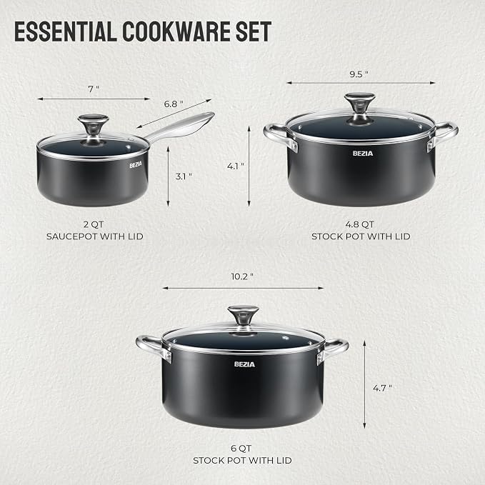 BEZIA Nonstick Induction Cookware Set, 6-Piece Pots and Pans Set with Lids | 2QT Saucepan, 4.8QT Casserole Dutch Oven, 6QT Stock Pot, Riveted Stainless Steel Handles, Oven Safe, Works on All Stovetops