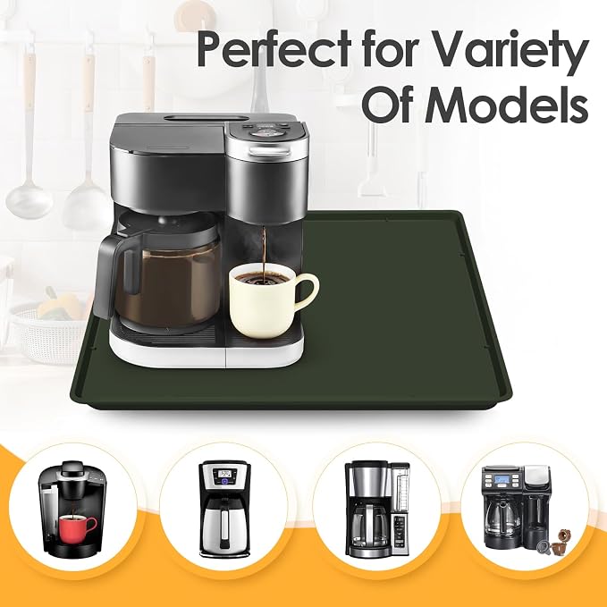 Silicone Coffee Maker Mat with Lip for Countertops, 19.7''x15'' Dark Green | Multi leak-proof coffee tray for countertop, non-slip silicone tray for under coffee machine espresso accessory, wipe-clean