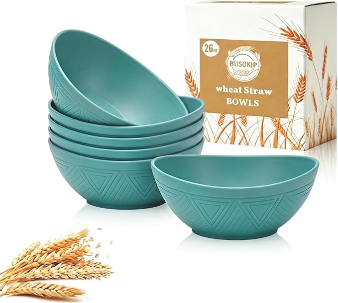 Cereal Bowls Sets of 6, Unbreakable & Stackable Wheat Straw Bowls 26oz, Reusable Plastic Bowls for Salad, Fruit, Ramen, Microwave Safe bowls for Camping, Restaurant, RV, Party - Green
