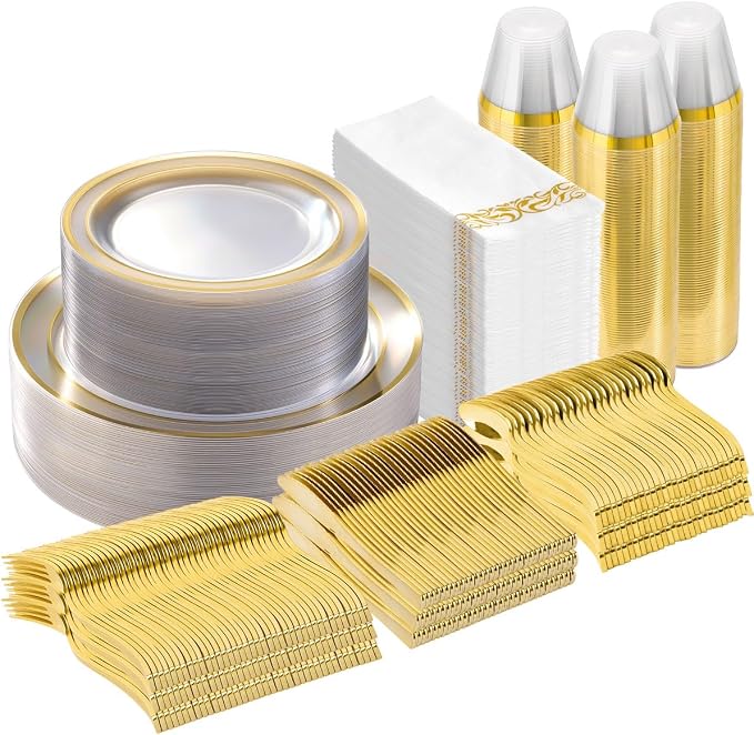 350 Pieces Clear Gold Disposable Dinnerware Set for 50 Guests | Heavy Duty Plastic Plates Include: 100 Gold Rim Dinner Plates, 50 Paper Napkins, 50 Cups, 50 Plastic Silverware Set