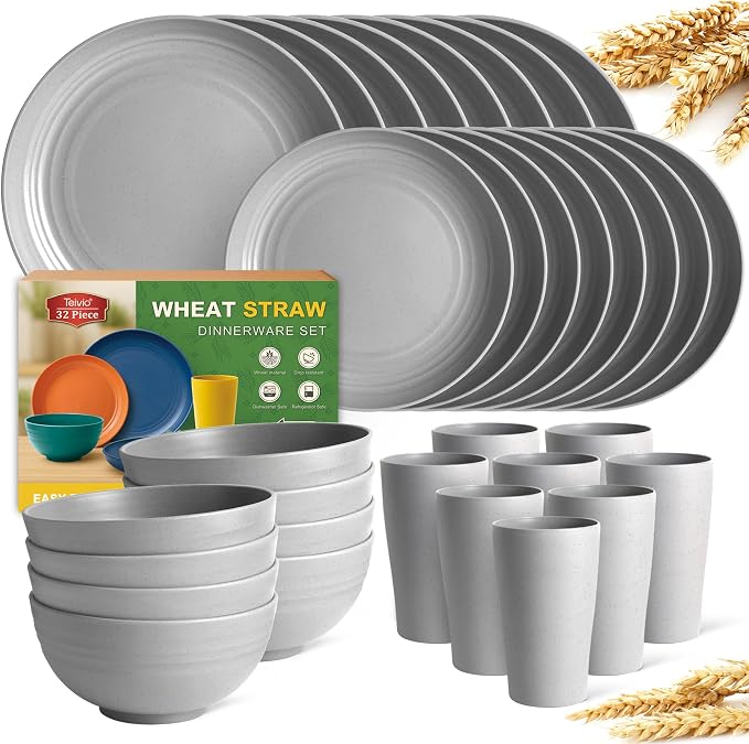 Teivio 32-Piece Plates and Bowls Sets for 8, Light Gray Dinnerware Sets | 13.5oz Cups, Plastic Wheat Straw Unbreakable Dish Set, Dishwasher Safe, for Outdoor Camping RV Apartment Essentials Plate Set