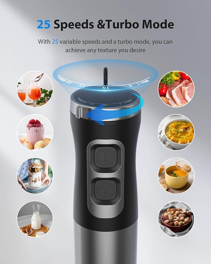 1000W Powerful Immersion Blender Handheld, 2026 New Update Hand Blender with 25-Speed and Heavy-Duty Copper Motor (Silver)