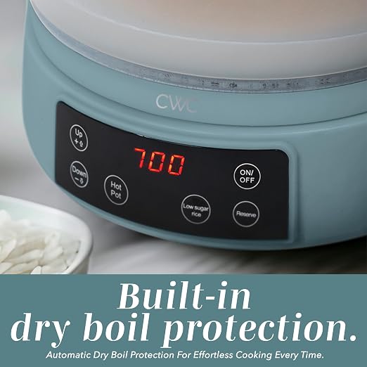 COOK WITH COLOR Glass Mini Low Carb Rice Cooker – Holds 2 Cups Raw/Makes 6 Cups Cooked with Auto Lift Filter Basket, Hotpot & Steamer for Rice, Grains, Digital Panel with Keep Warm, Slate Blue