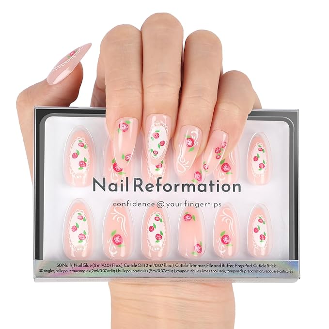 Nail Reformation Press On Nails, Pink Roses Medium Almond Fake Nails 30 Pcs | 15 Sizes with Lace & Pearl on Nude Base in Glossy Finish, Reusable Stick On Nails, False Nail Kit, Manicure Gifts for Women