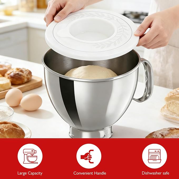 5QT Stainless Bowl with Lid Compatible with KitchenAid Tilt-Head Mixers | 304 Stainless replacement Bowl with Splash-Proof Lid. Ldeal for Dough Proofing, Baking Preps, and Seamless KitchenAid fit