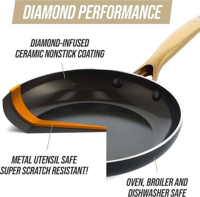 Blue Diamond 4QT Saute Pan with Lid, Non Toxic Induction PFAS-Free Diamond Ceramic Nonstick, Dishwasher & Oven Safe, Metal Utensil Safe, Gold Handle & Helper Handle, Jumbo Skillet, Glass Lid, Black