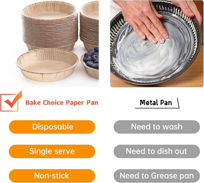 Bake Choice 50pcs Paper Mini Tart Pans, 4 Inch Mini Pie Tins, Disposable | Non-stick, Unbleached, Mini Quiche Pans,Oven safe, Microwave safe, Freezer Safe, Shallow Bakeware Cups