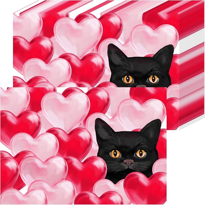 Cute Cat Themed Valentine's Day Paper Placemats, 50 Pcs Disposable Love Heart Table Mats for Couples Dinner, Holiday Party Table Decor