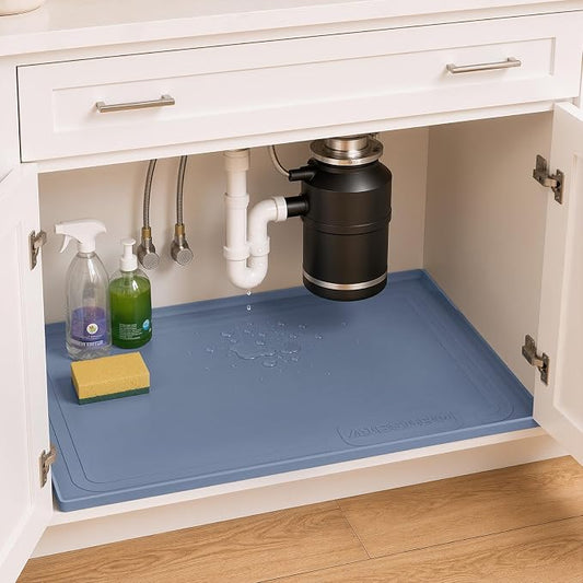 Under Sink Mat 25x19, Waterproof Liner for Under Sink Organizers, Dark Blue | BPA-Free Silicone with 0.59" Raised Edge Helps Contain Leaks, Spills & Drips to Protect Kitchen Cabinets