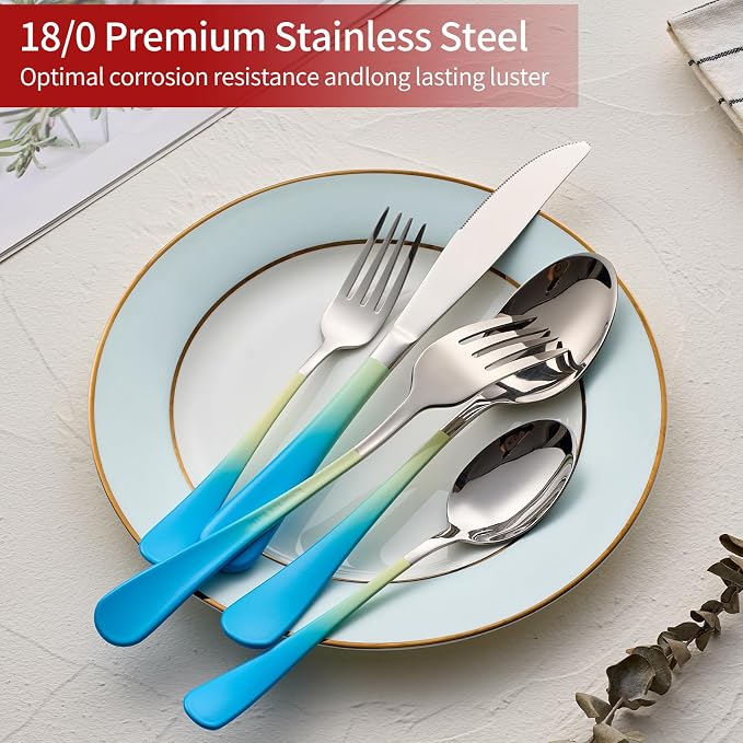 Colorful Silverware Set 20 Piece 18/0 Stainless Steel Flatware Blue and Yellow Handle Cutlery Set Service for 4 Fork Knife Spoon Set Mirror Finish Dishwasher Safe