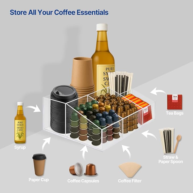 Acrylic Coffee Bar Station, Countertop Snack Tea Organizer & Condiment Tray | Syrup, Creamer, Sugar Packets & Tea Bags