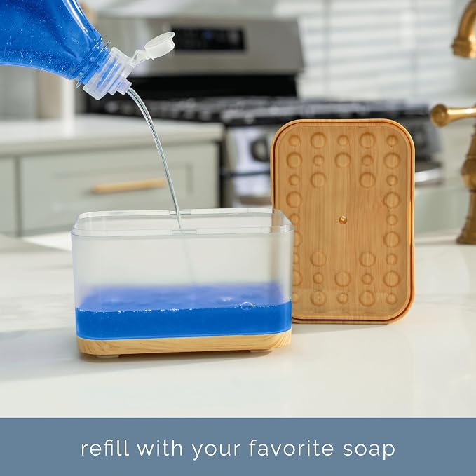 S&T INC. Dish Soap Dispenser and Sponge Holder, Plastic Bamboo | Patented Design, Holds 13 Fluid Ounces, Sponge and Waterproof Labels Included, Non-Slip Feet