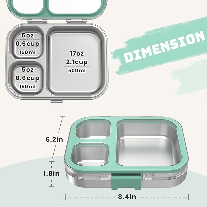 LOHASOK Stainless Steel Bento Lunch Box, 800ml, Green | 3-Compartment, Leak Proof, Lightweight, Clear Plastic Lid, for Kids Adults, BPA/BPS Free, Dishwasher Safe