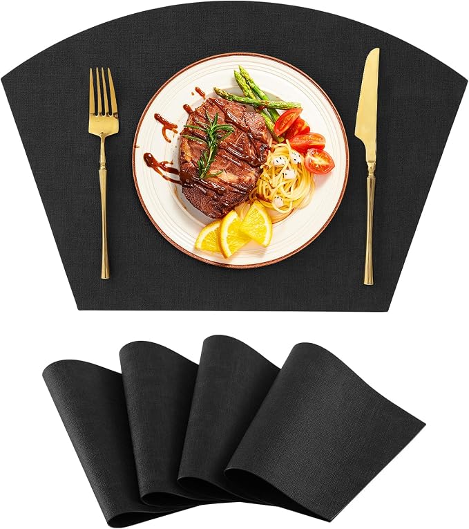 Homaxy Wedge Faux Leather Placemats for Round Table, Set of 4, Black | Waterproof Wipeable Washable Table Mats, Easy to Clean Anti-Slip Place Mats, 11.8" x 17"