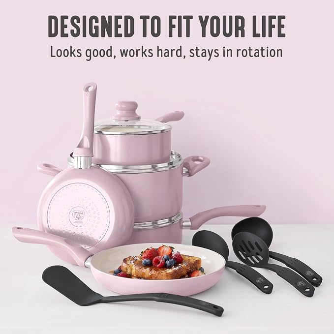 GreenLife 16pc Ceramic Nonstick Pots & Pans Cookware Set, Blush Pink | PFAS-Free Nonstick Coating, Stockpot, Frying Pans, Saucepan, Sauté, Induction Ready, All Stovetop Compatible, Dishwasher Safe