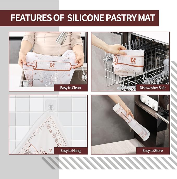Silicone Baking Mat 20"L x 28"W, Extra Thick Dough Rolling Pad with Measurements and Edge Heightening, Non-stick Food Grade Silicone Pastry Mat for Pastry, Bread, Cookies (Transparent)