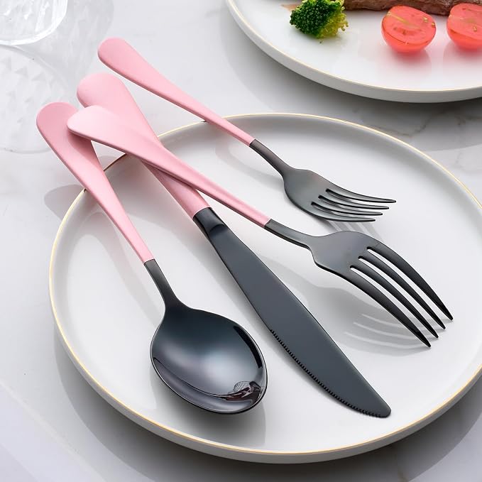 20-Piece Black and Red Silverware Set 18/0 Stainless Steel Flatware Warm Pink Handle Cutlery Set Service for 4 Dinner Knives Forks Spoons Set Mirror Finish Dishwasher Safe