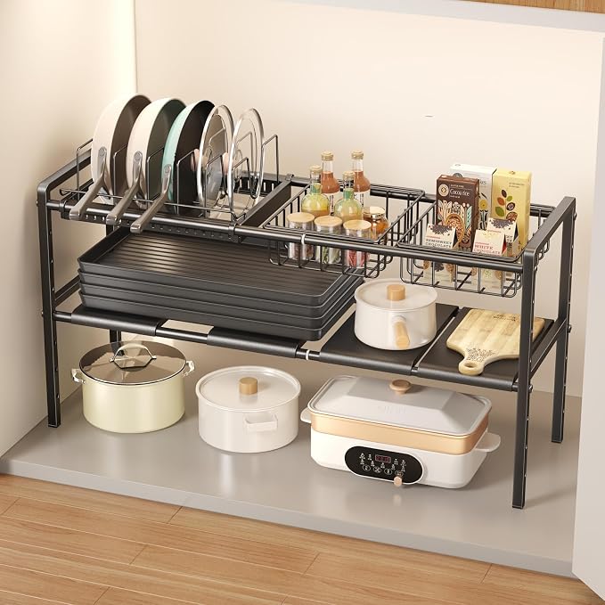 Mustorn Pots and Pans Organizer Under Cabinet, Expandable 2 Tier Under Sink Organizers Storage Adjustable Height Kitchen Pot and Pan Lid Holder Rack with 6 Dividers(4panels,2baskets,1 Pot rack,Black)