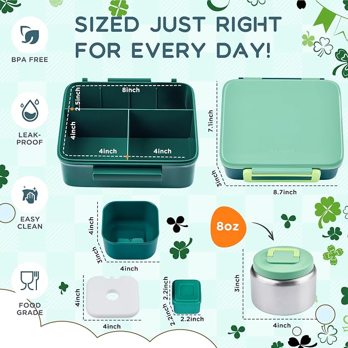 Bento Lunch Box for Kids with 8oz Soup Thermo Leak-Proof Lunch Food Containers with Snack Sauce Container for Kid Girls Boys to School, Green Bag