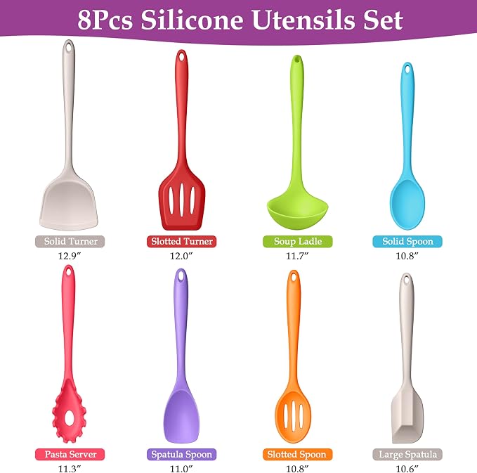 LIANYU Colorful Kitchen Cooking Utensils Set, 8Pcs Silicone Utensils Set | Heat Resistant Cooking Gadgets for Nonstick Cookware, Include Silicone Spoon, Turner, Spatula, Ladle, Multi-Color