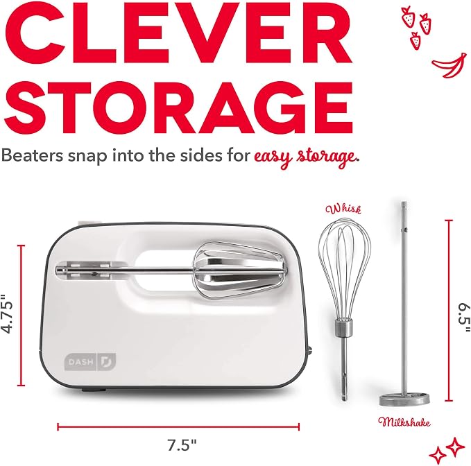 Dash SmartStore Hand Mixer - Electric Handheld Mixer For Everyday Baking - 3-Speed Power and One-Touch Beater Ejector Button - Cool Gray, Includes Whisk and Milkshake Attachments